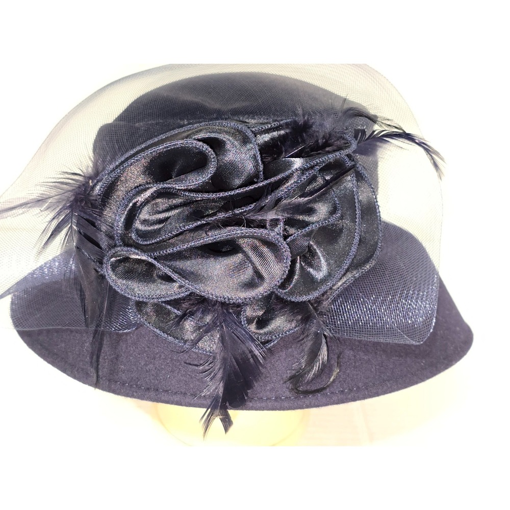 Navy Blue Wool Felt Church Hat Satin Crown Flower Feather Veil Pillbox Wide Brim
